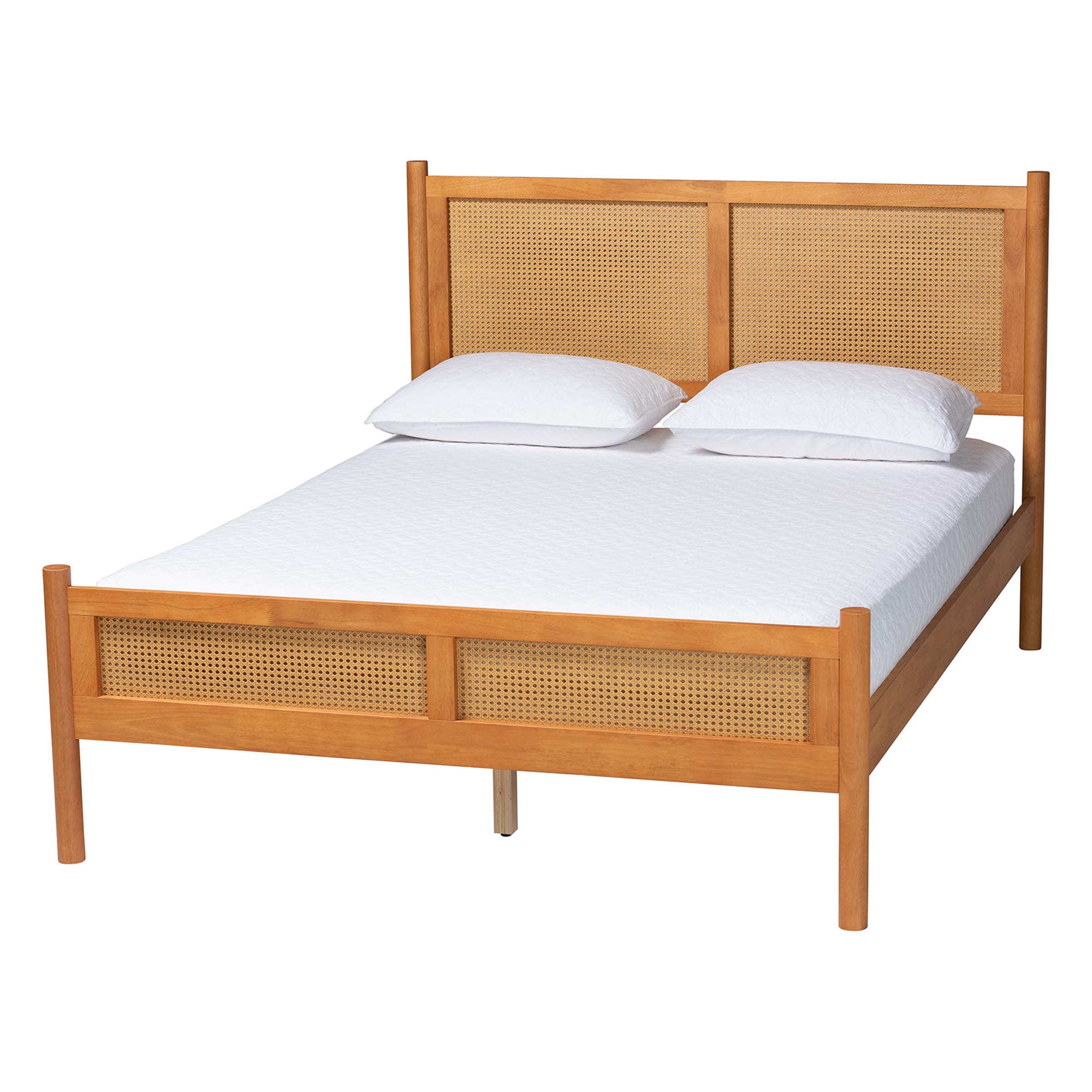 Baxton Studio Jenn Golden Brown Wood Japandi Queen Size Platform Bed with Distressed-Finished Rattan